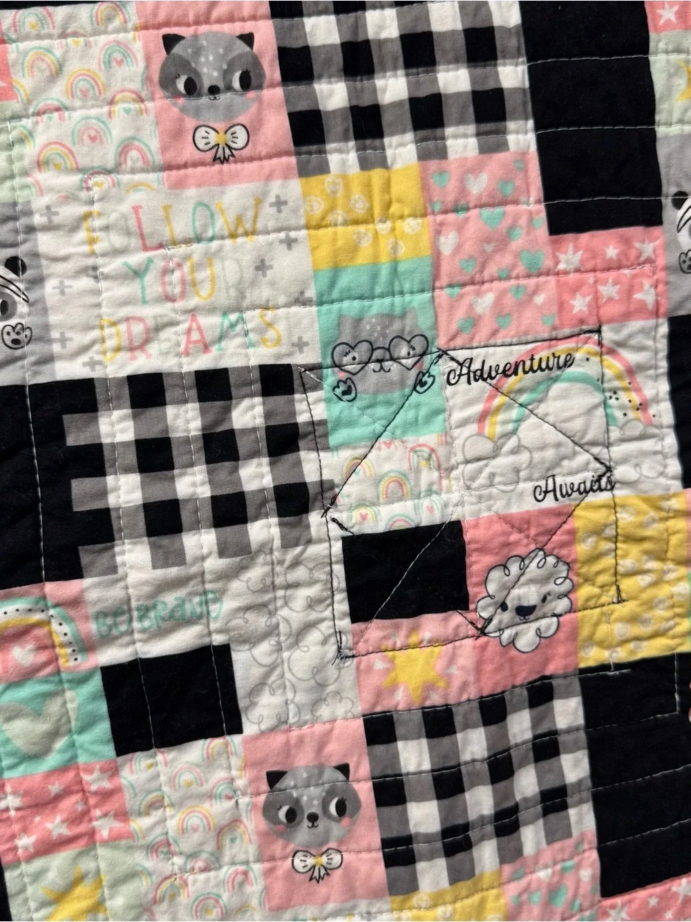 Handmade Baby Nursery Quilt Animals Rainbows & Checkered Reversible Patchwork